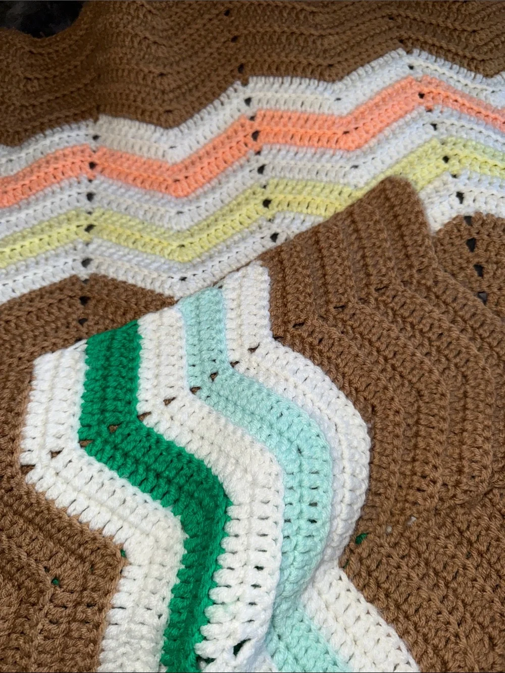 Hand Crafted Chevron Crochet Throw Blanket in Brown, White, Green, Peach, Yellow